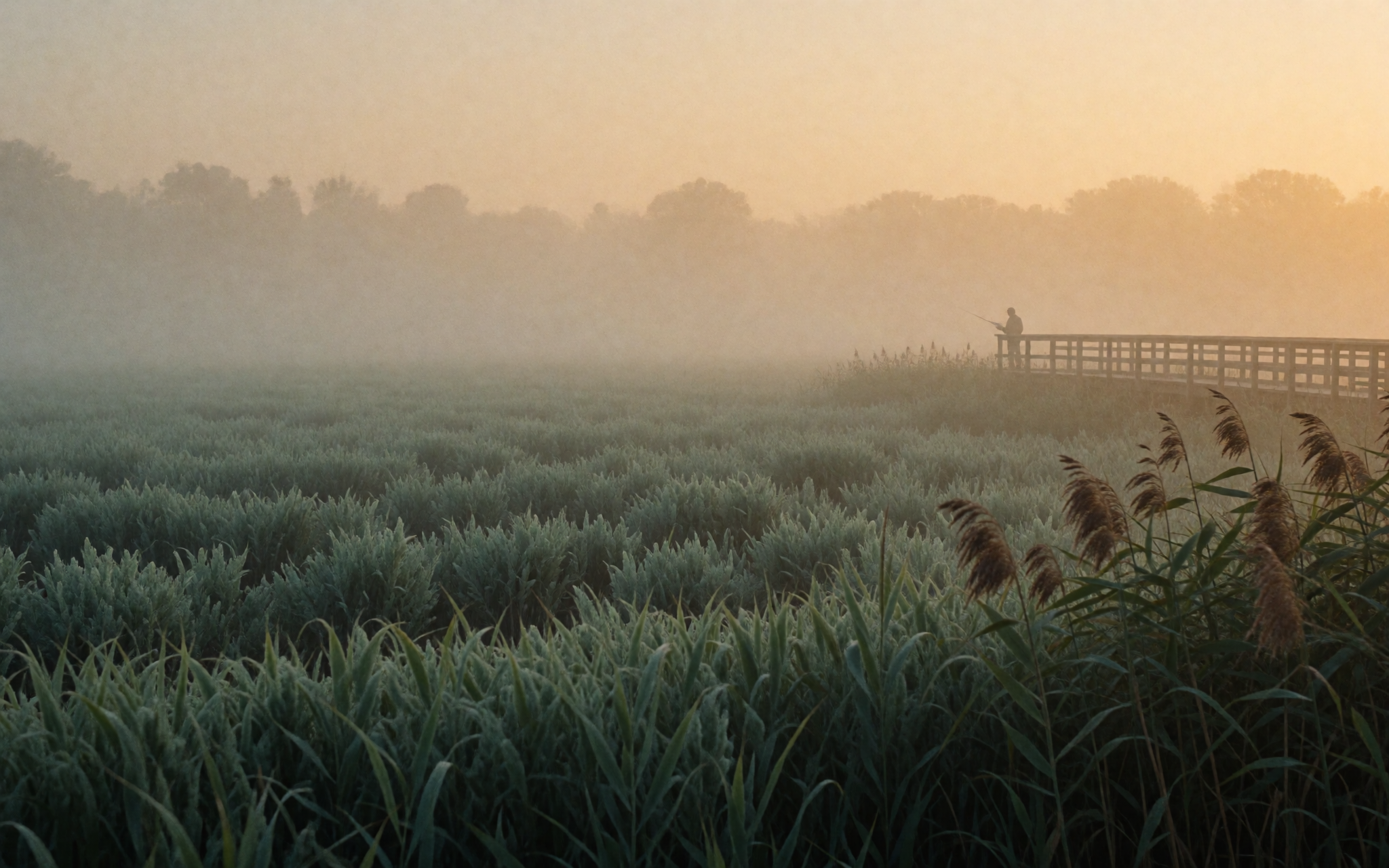 A lone birder on a boardwalk at first light